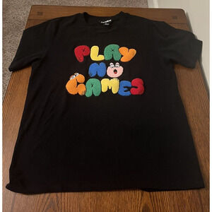 Paradime T-Shirt Womens Size XL Black Play No Games w/ Multicolor Letter Patches